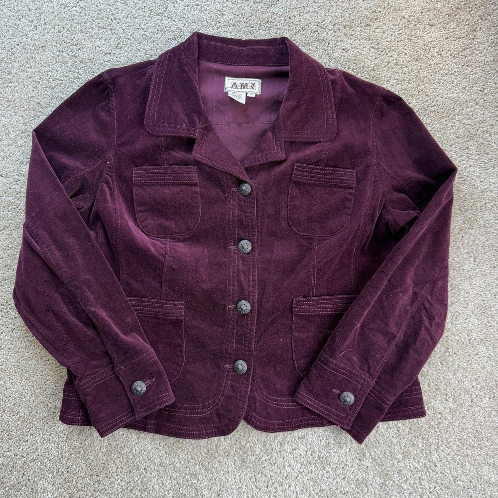 AMX Jacket Womens XL Purple Corduroy Button Front Collared Pockets Short